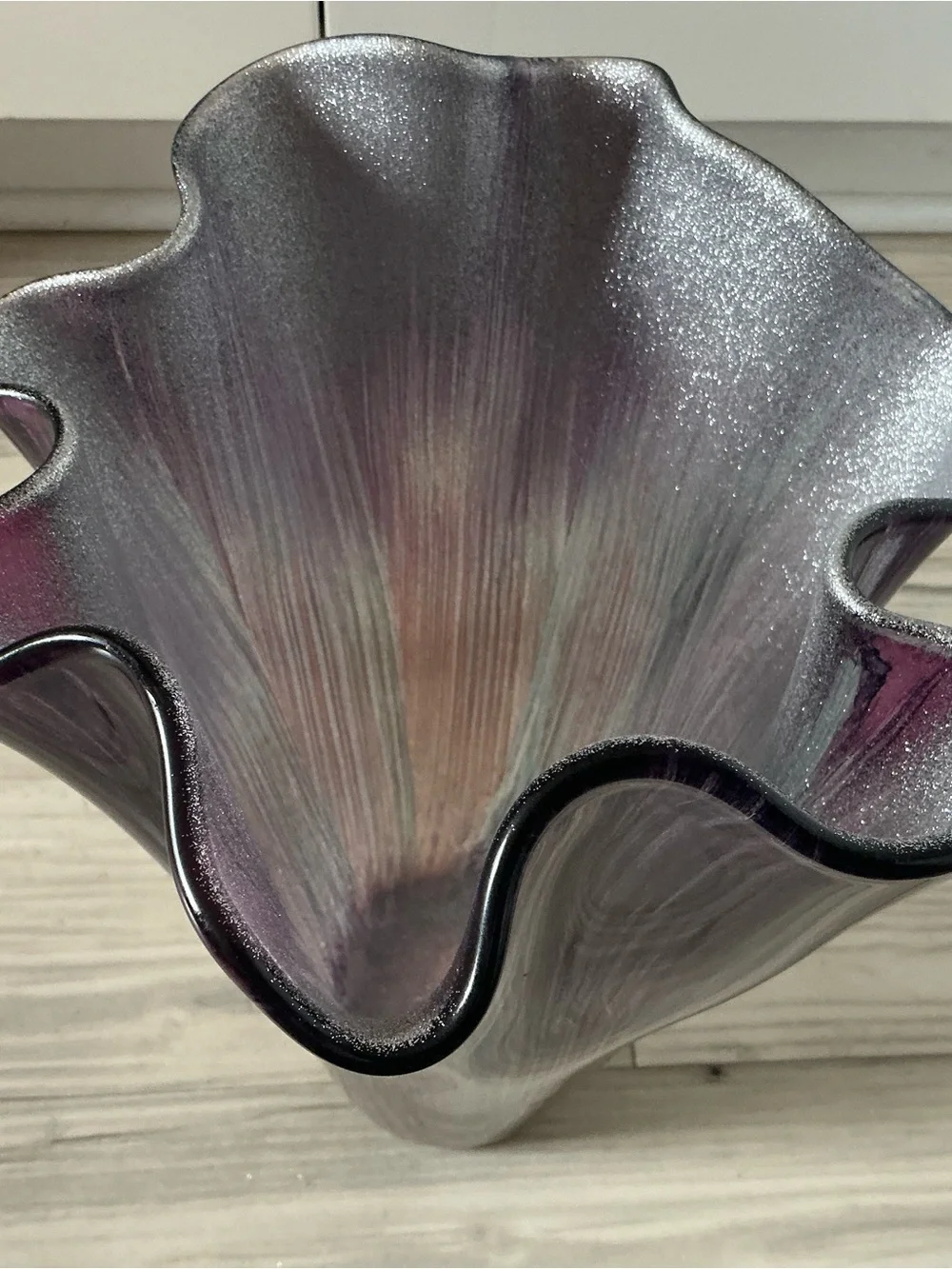 Vtg Murano handkerchief art glass vase purple with green metallic 14.5”